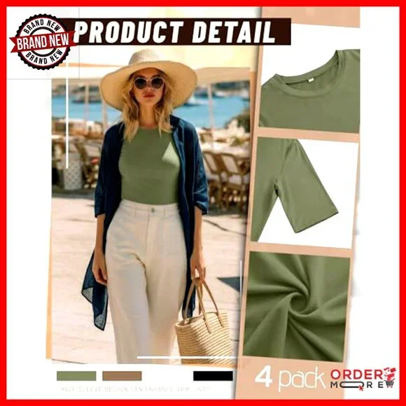 Slim Fit Half Sleeve Cotton Tees 4-Pack Women's Crewneck Tops - Picture 5 of 5